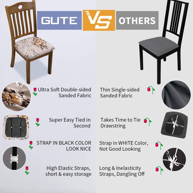 Gute Stretch Printed Chair Seat Covers with Elastic Ties and Button, Removable Washable Dining Upholstered Chair Protector Seat Cushion Slipcovers for Dining Room, Office,Rose 4 Pack - Image 2
